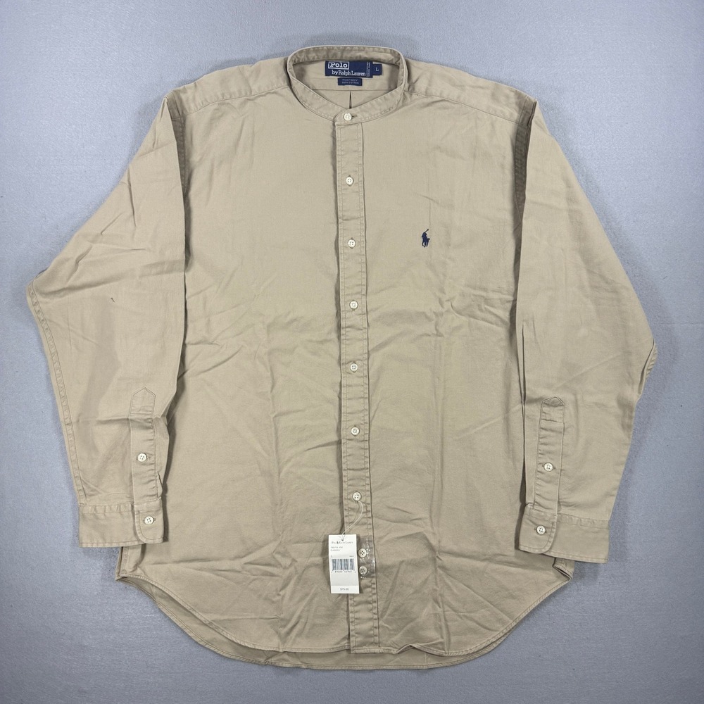 Vintage Polo Ralph Lauren Postboy Shirt Mens Large Tan Band Collar Long Sleeve
